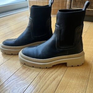 Mango Black Leather Ankle Boots with Tan Chunk Soles